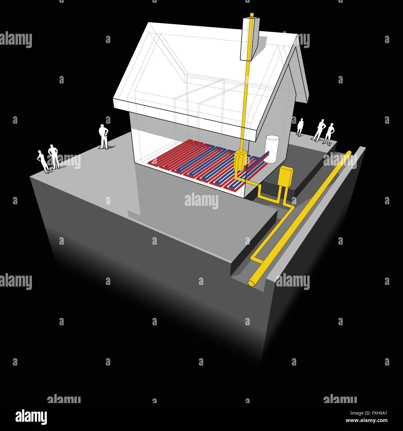 diagram of a detached house with underfloor heating and natural gas