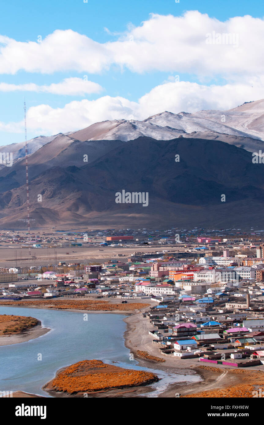 Overview of Olgii's CBD in far-western Mongolia. Stock Photo