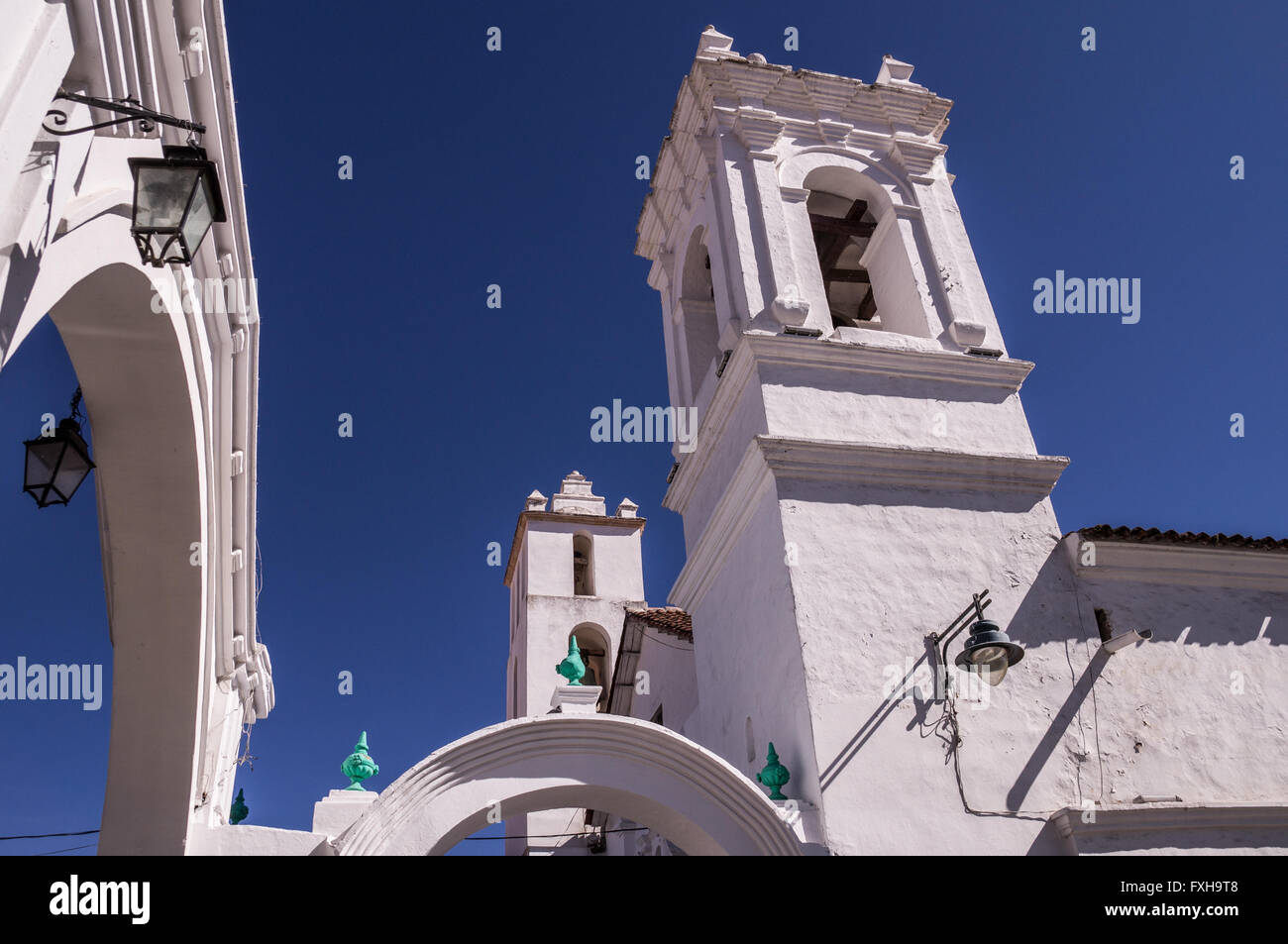 Sucre, Bolivia in September 2015: The beautiful white historic churches and houses of Bolivias capital city are a popular touris Stock Photo