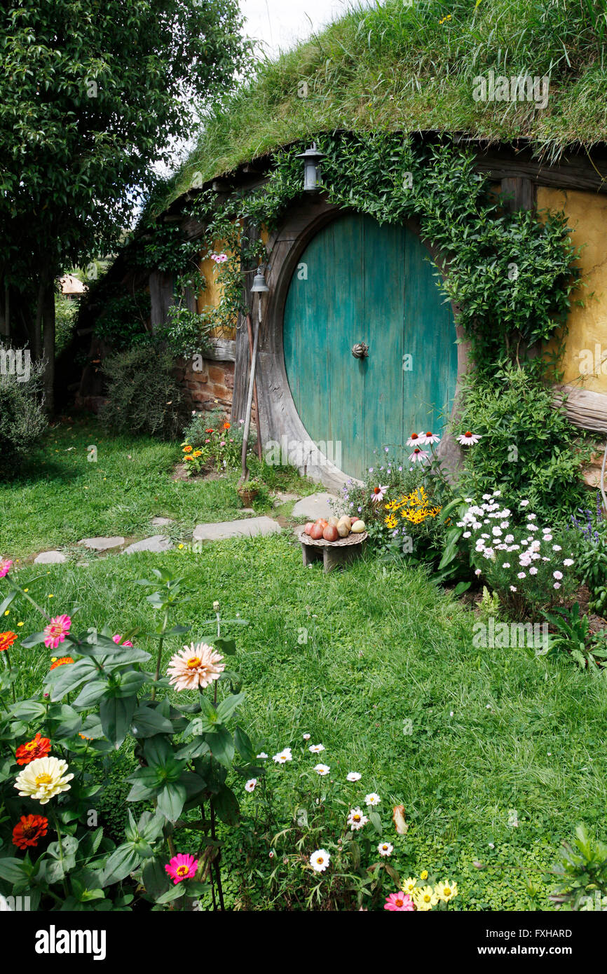 Garden in front of Hobbit house at Hobbiton Movie Set in New Zealand Stock Photo
