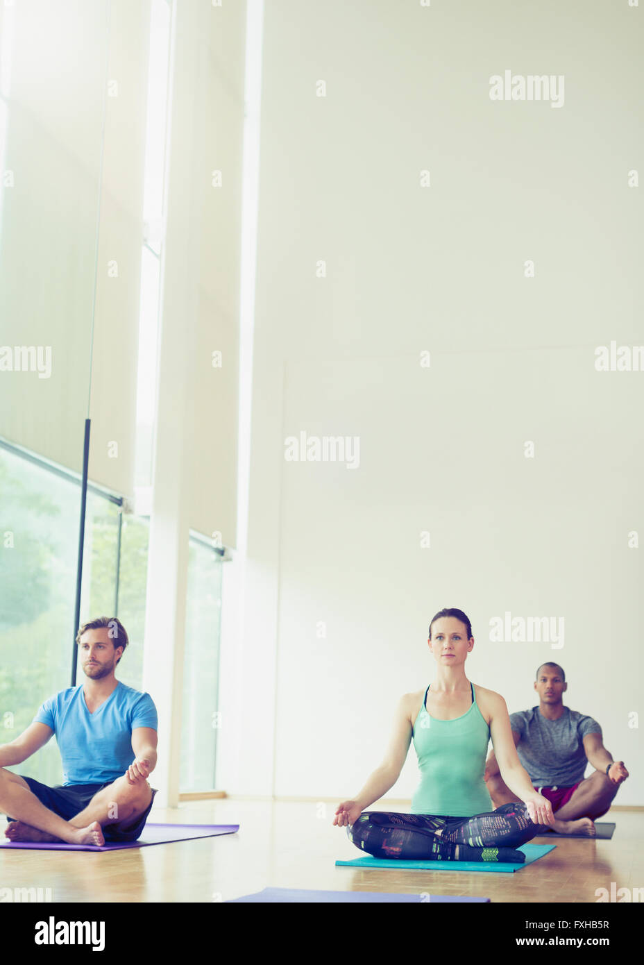Yoga class sitting in lotus position Stock Photo