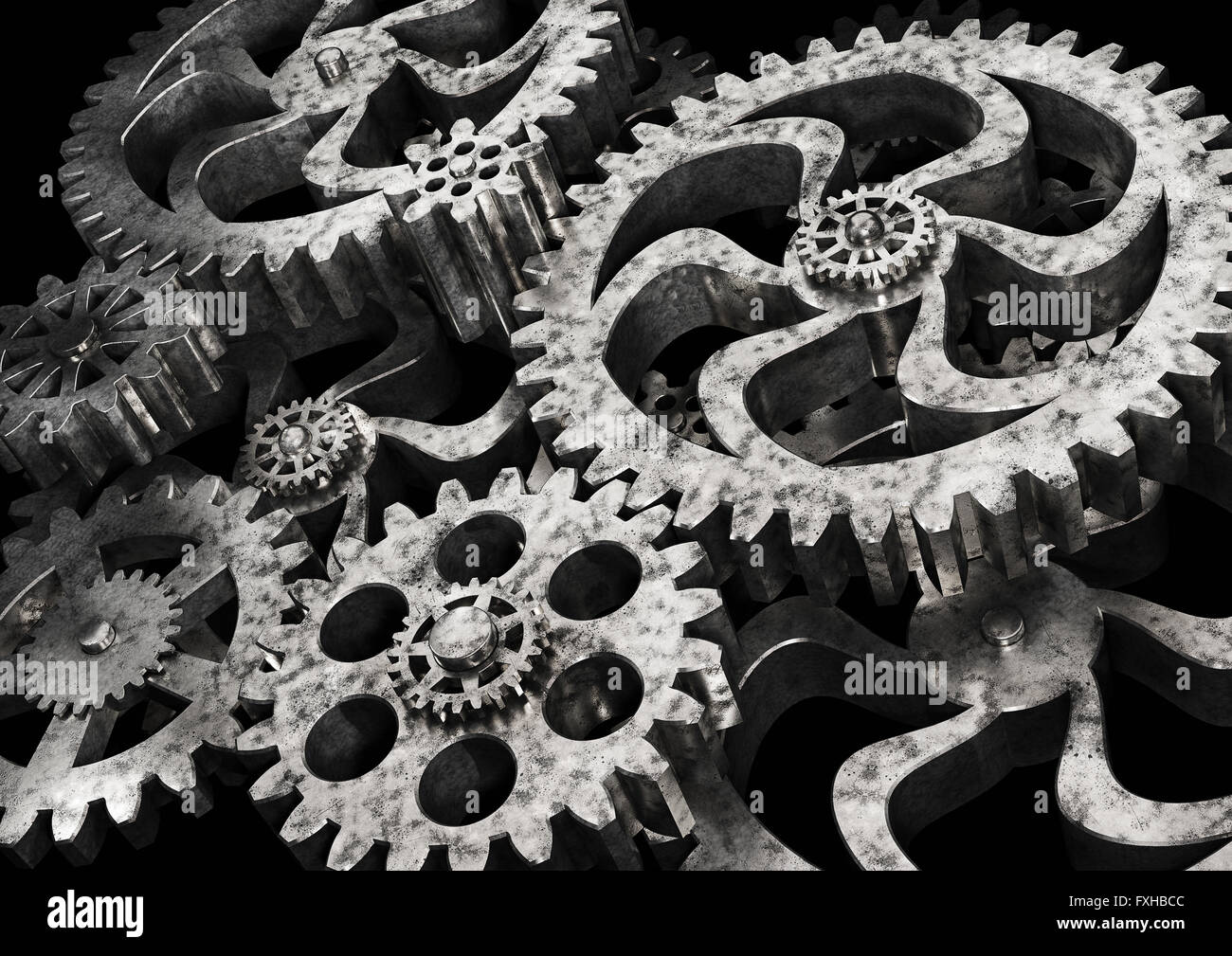 Gears wheels from rusty metal on black background. 3D rendering Stock ...