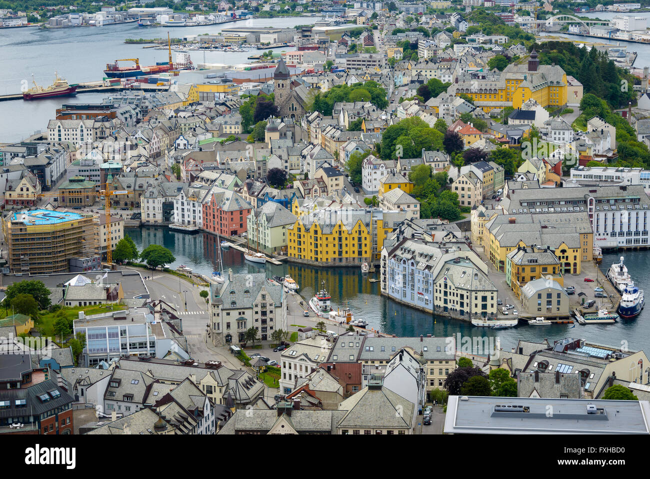 Aerial view over the colorful Art Nouveau architecture of the city of Ålesund, located on islands at the west coast of Norway. Stock Photo