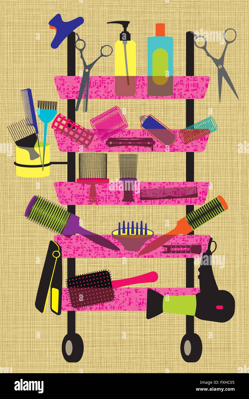Colorful hairdresser accessories on textured background Stock Vector