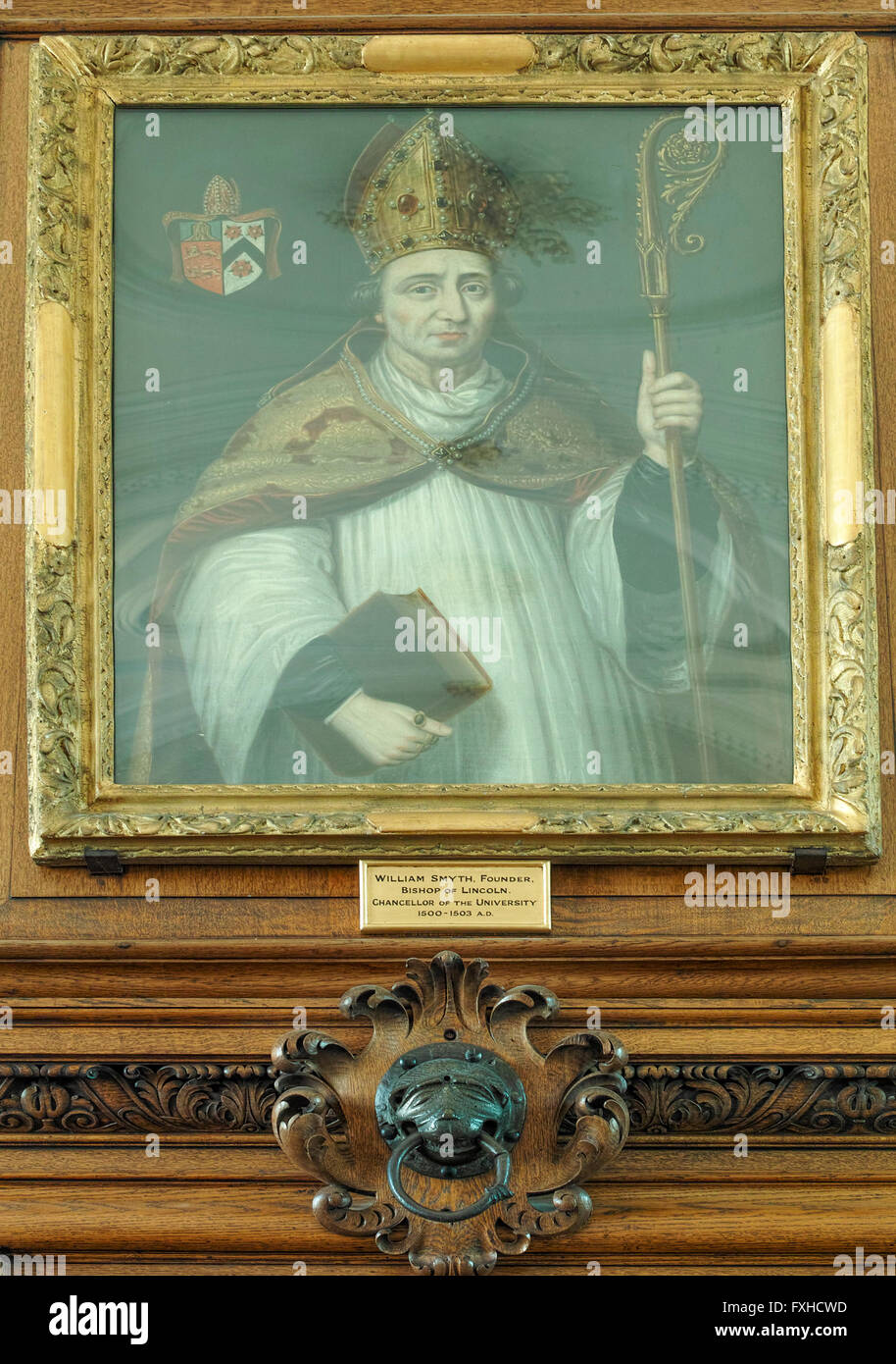 Painting (of William Smyth, founder) above the brasenose knocker in the hall at Brasenose college (founded in 1509). Stock Photo