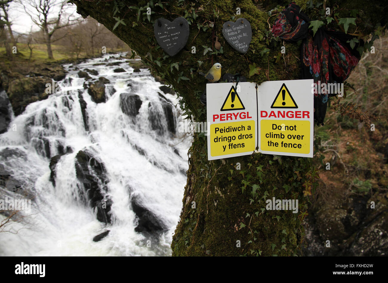 health and safety sign, Swallow Falls, Betws y Coed, Conwy, Wales Stock Photo