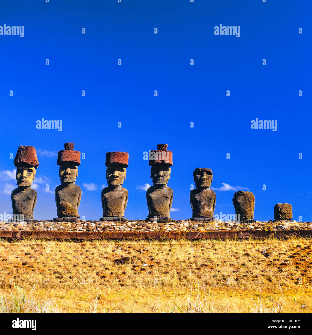 Moais at Ahu Tahai. Easter Island. Stock Photo