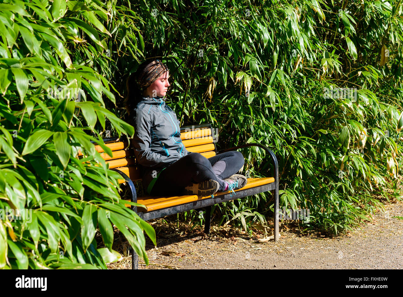 Lund, Sweden - April 11, 2016: Young adult woman meditate on a park bench surrounded by shrubbery. Legs crossed and eyes shut. F Stock Photo