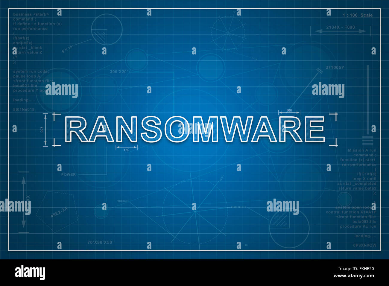 ransomware on paper blueprint background, technology concept Stock Photo