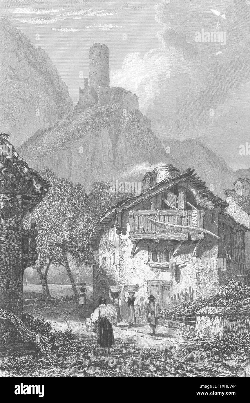SWITZERLAND: Martigny: Swiss Prout Tower, Mountain, antique print 1830 Stock Photo