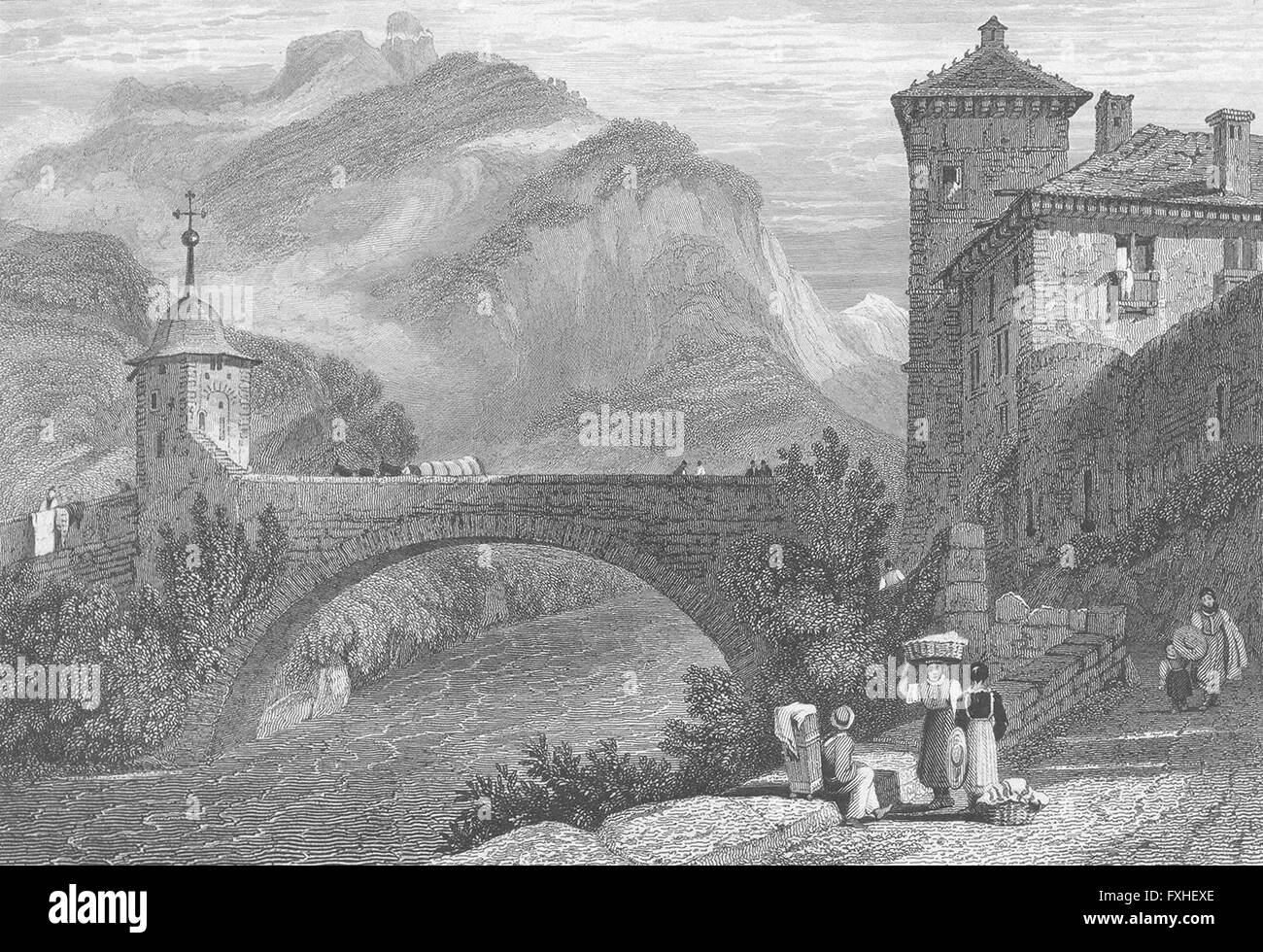 SWITZERLAND: Bridge St Maurice: Swiss: Prout, antique print 1830 Stock Photo