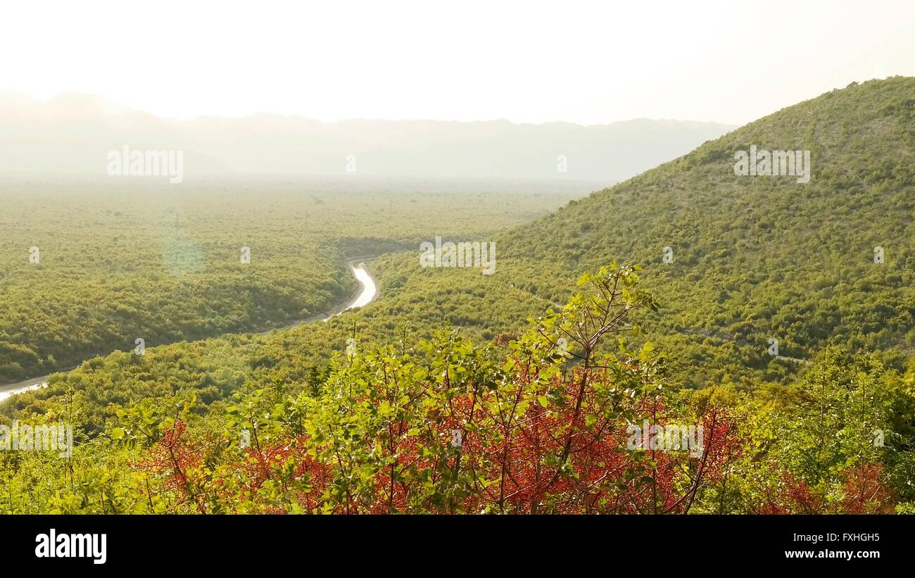 View into Popovo Polje with Trebišnjica river from the graveyard of Mesari. Stock Photo