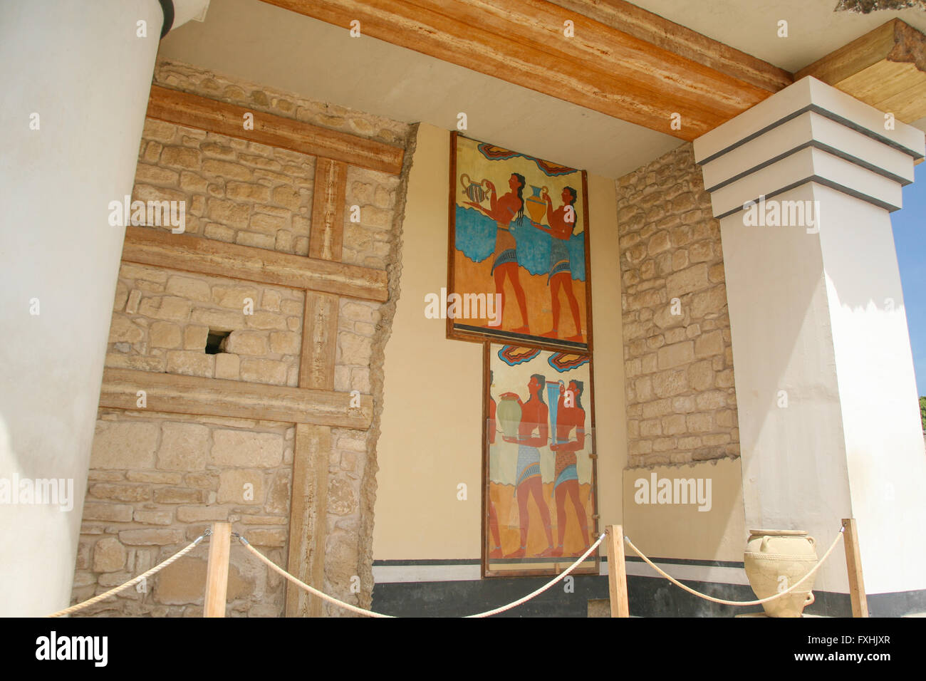 landmark monument minoan paints on wall in Knossos palace, from 2000 year Before Christ, one of the most important greek monumen Stock Photo