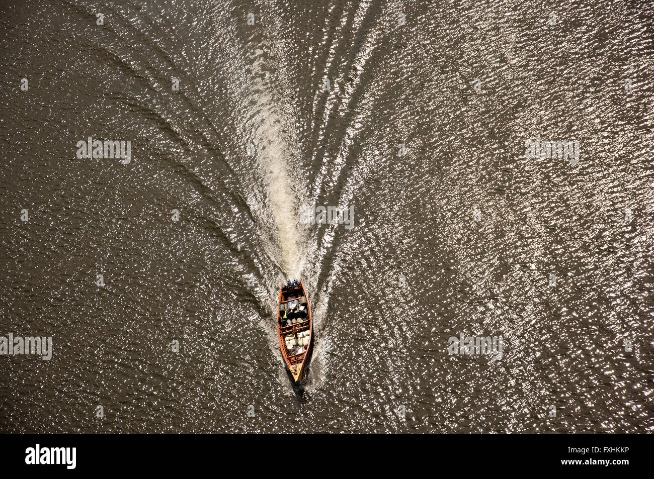 A bird's eye view of a speedboat a few miles north of Mwanza port, situated on the southern shores of Lake Victoria. Stock Photo