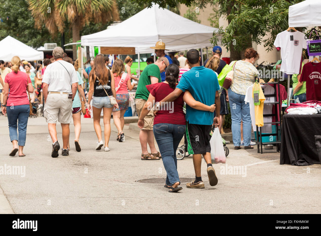 People shop at the weekly Farmers Market on Assembly Street in Columbia, SC. Stock Photo