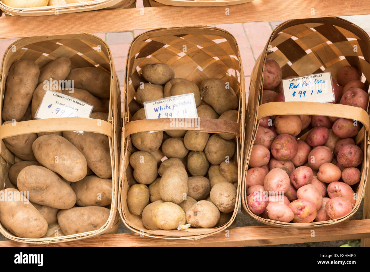 Locally grown potatoes at a produce stand at the weekly Farmers Market on Assembly Street in Columbia, SC. Stock Photo