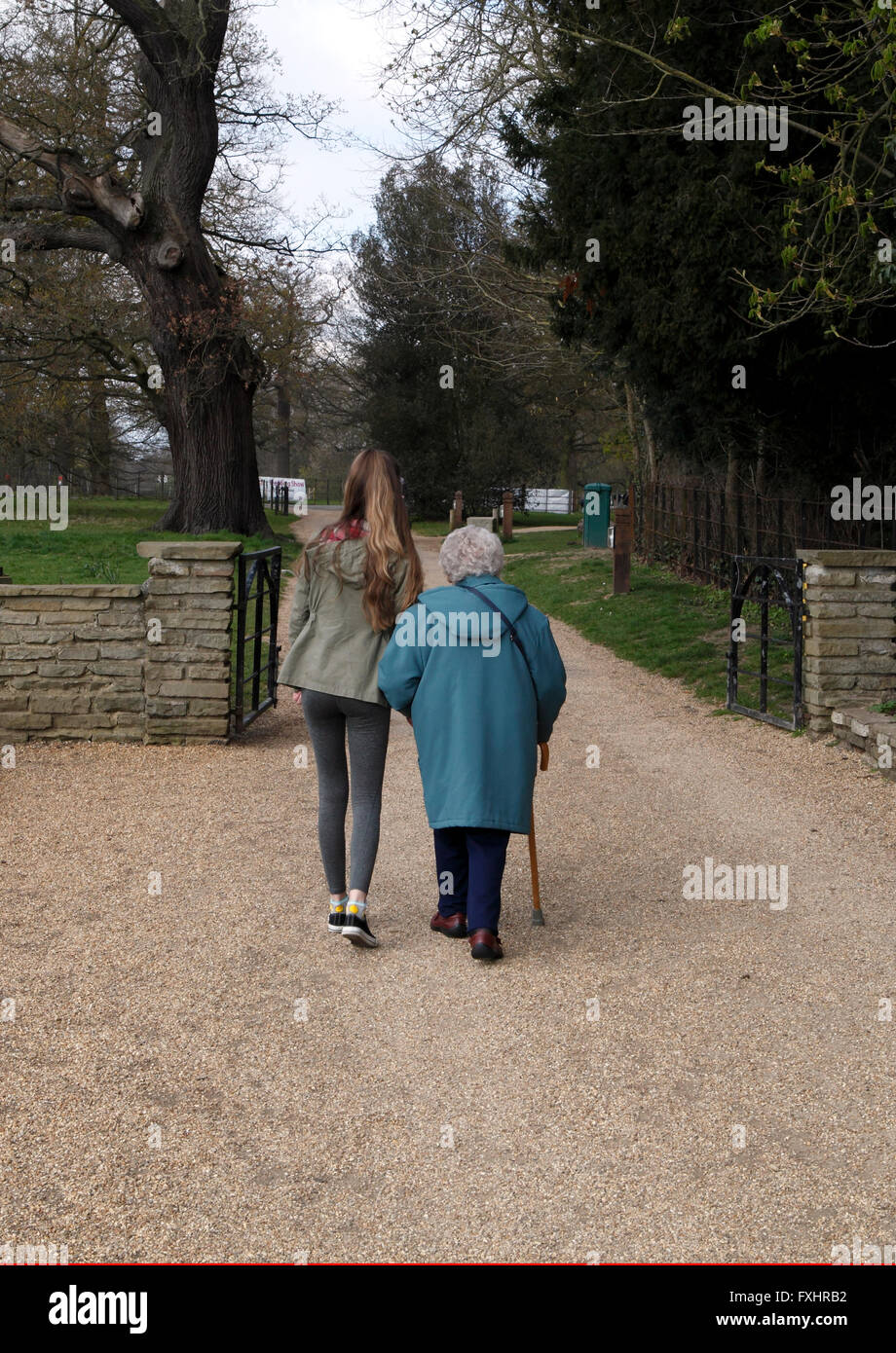 A grandmother and granddaughter walking in a park. Octogenarian with a teenage carer hepler. Stock Photo
