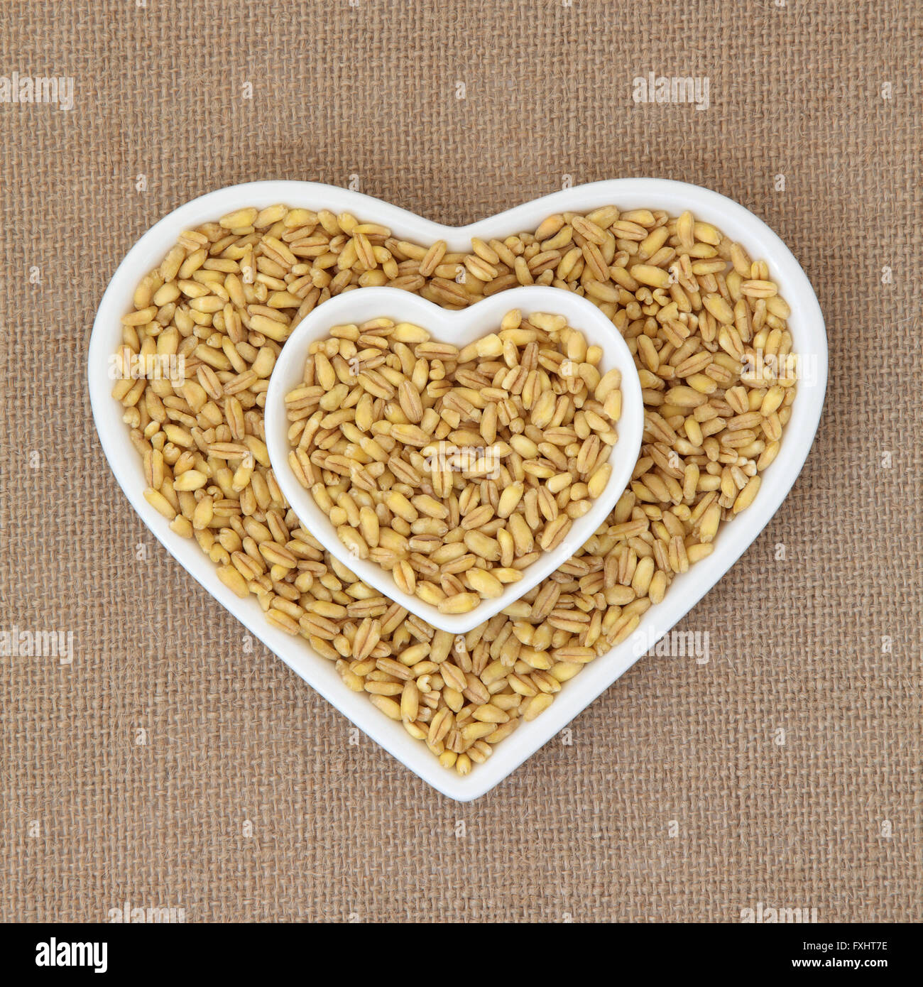 Kamut khorasan wheat in heart shaped dishes over hessian background ...
