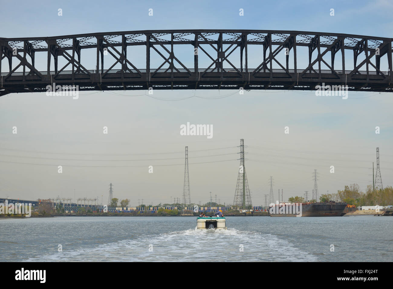 The Newark Riverfront Revival runs boat tours on Passaic River, offering lessons about history and the environment. Newark, NJ. Stock Photo
