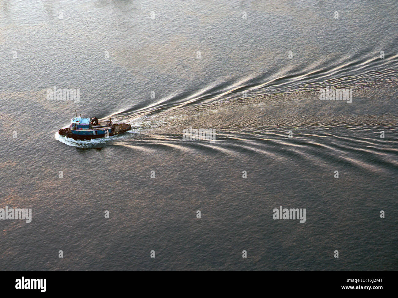 Aerial view of tugboat in Delaware River near Philadelphia; Pennsylvania: USA Stock Photo