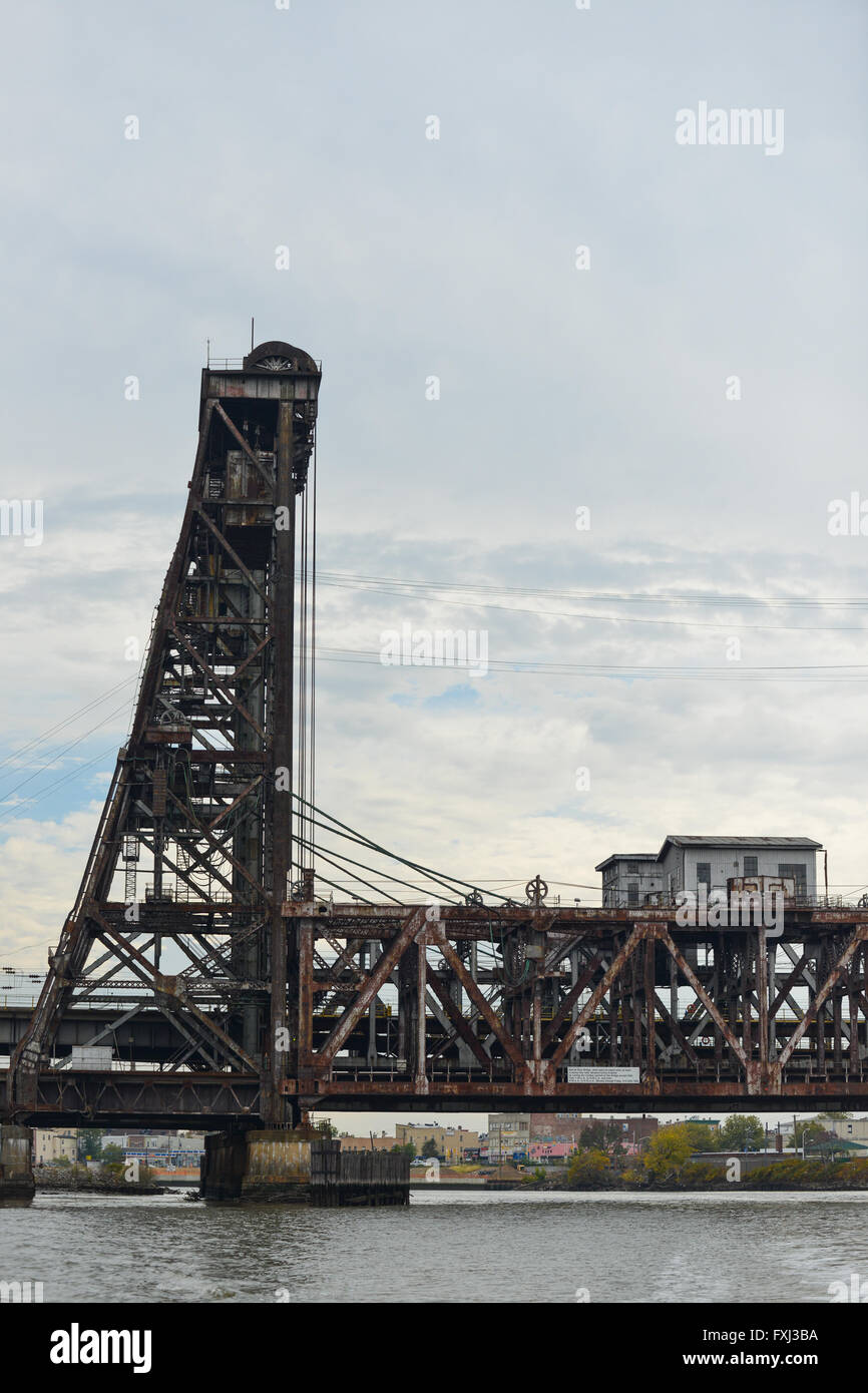 Amtrak Vertical Lift Bridge over the Passaic River, Newark-Harrison, New Jersey. View from Passaic River. USA Stock Photo