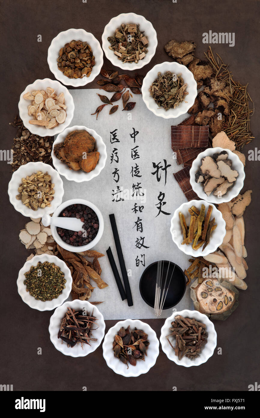 Acupuncture needles, moxa sticks and chinese herbal medicine selection with calligraphy script