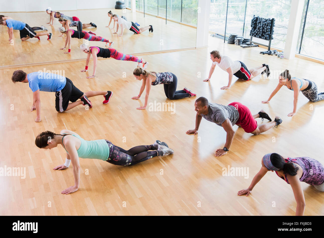 High angle view of exercise class Stock Photo