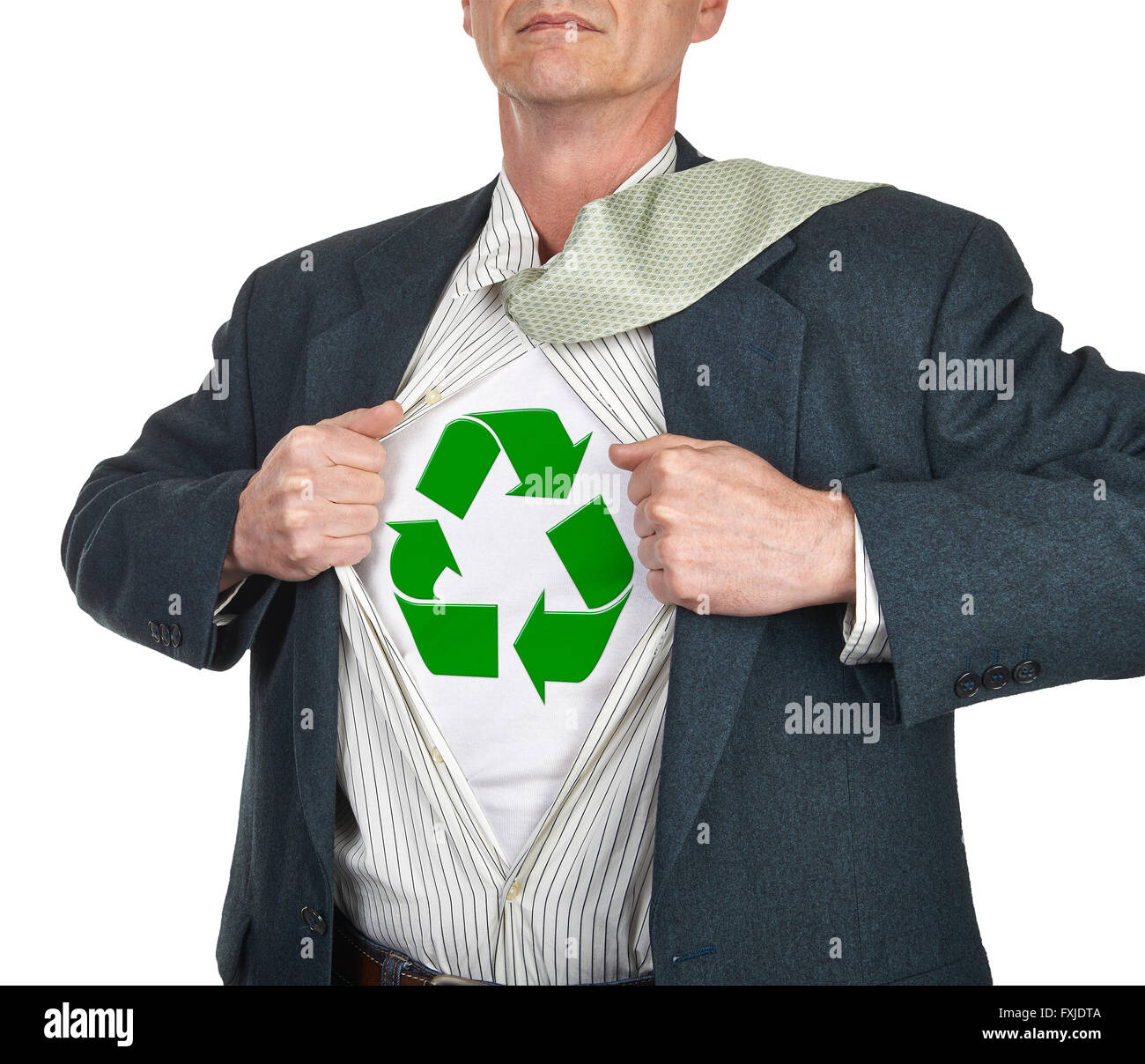 Businessman showing recycling symbol superhero suit underneath his shirt standing against white background Stock Photo