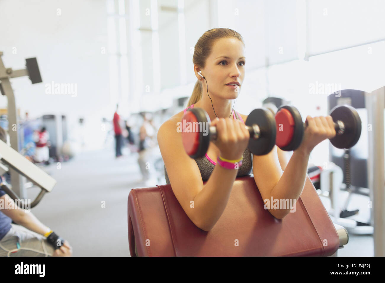 Woman doing dumbbell biceps curls at gym Stock Photo - Alamy
