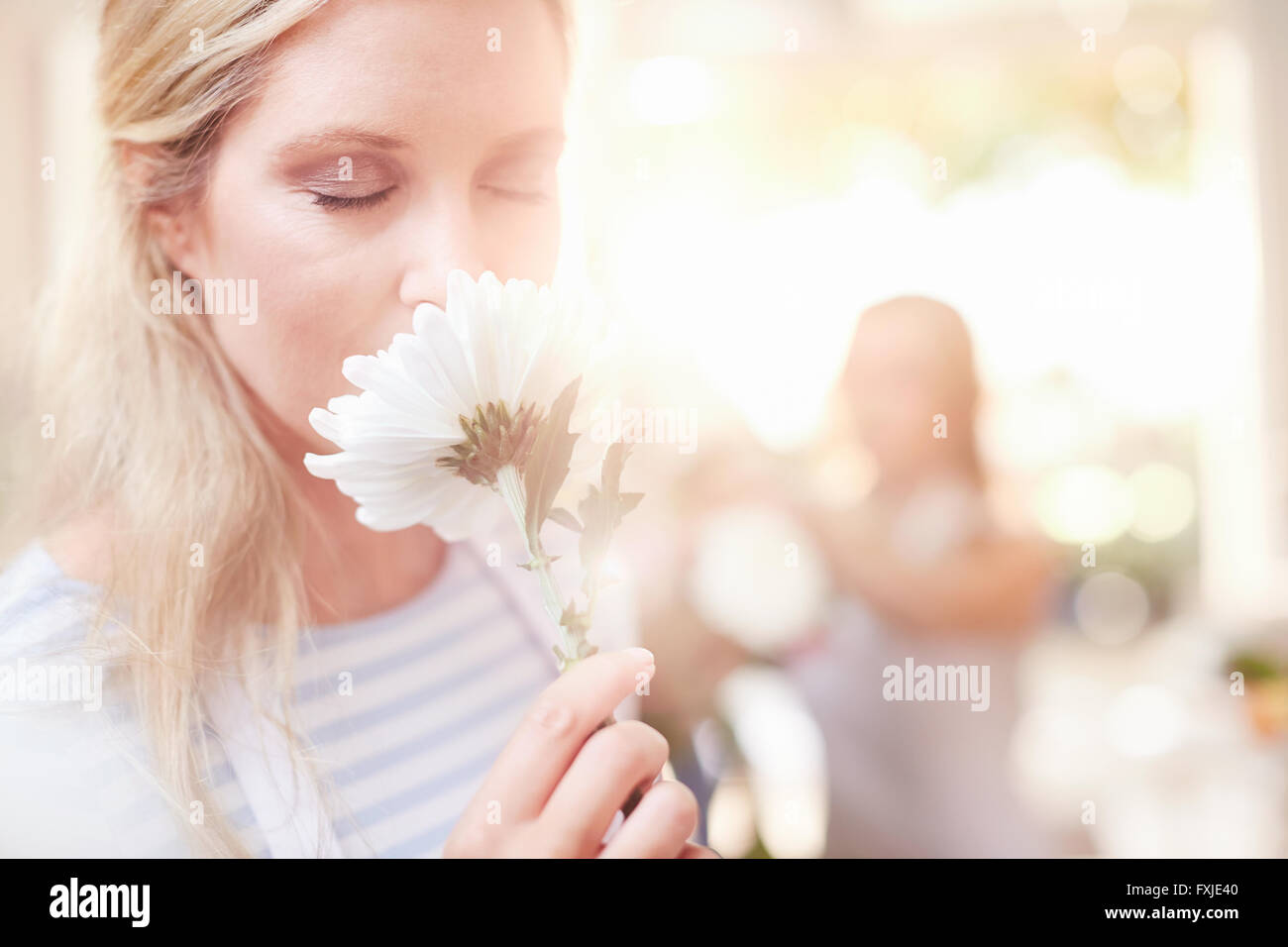 Woman smelling white gerber daisy Stock Photo