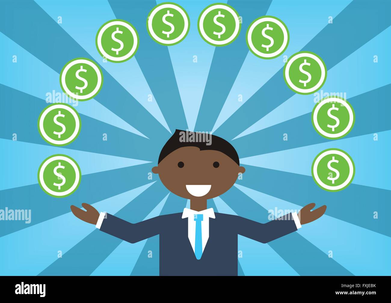 Successful white business man handling money and budget. Vector illustration of cartoon character juggling dollars Stock Vector