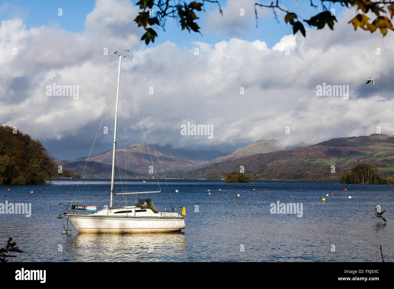 A moored sailing boat on Lake Windermere in the Lake District, Cumbria, England Uk Stock Photo