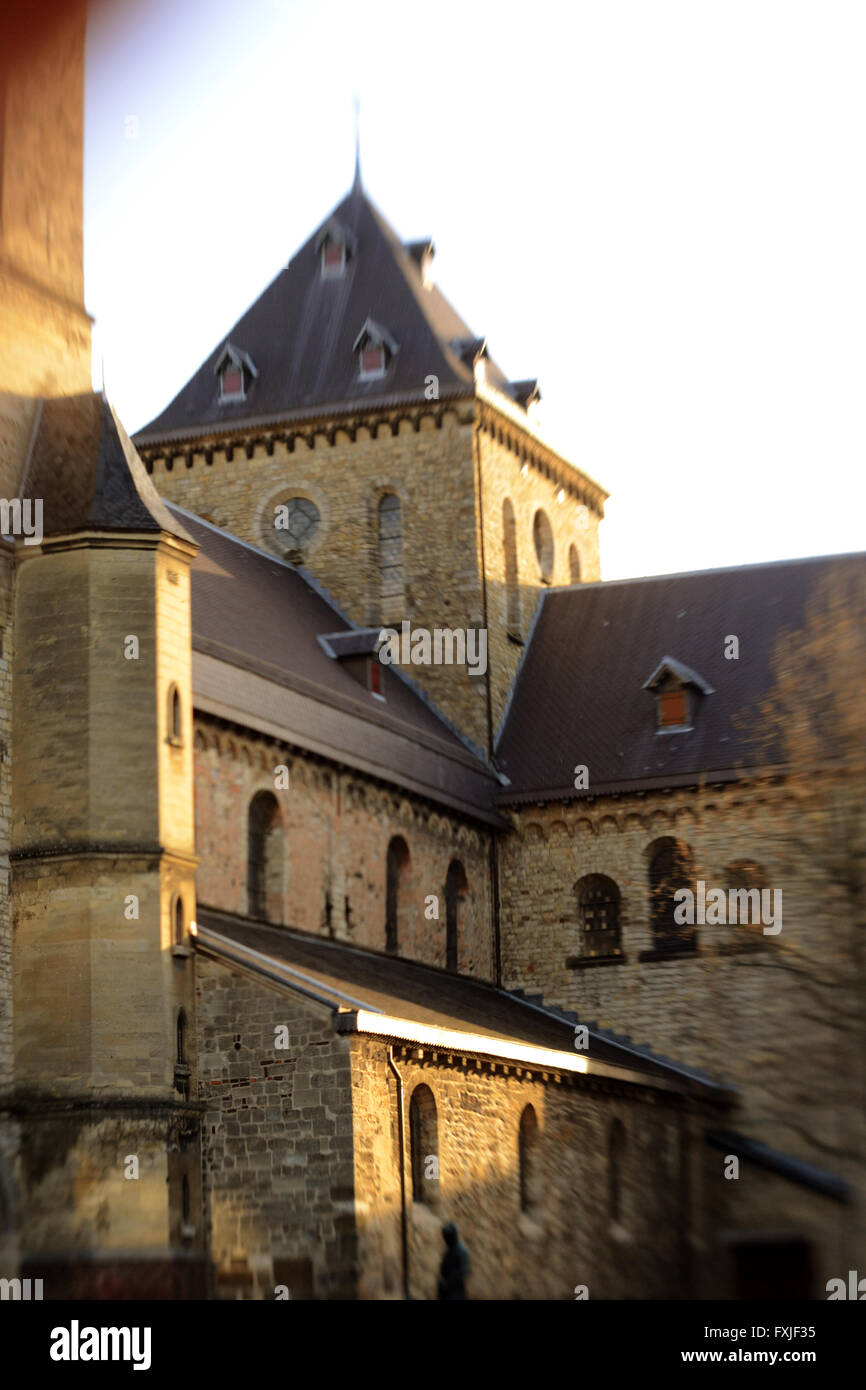 Tower of Pancratius Church in Heerlen, LImburg, in the Netherlands. Shot with LensBaby for selective focus. Stock Photo