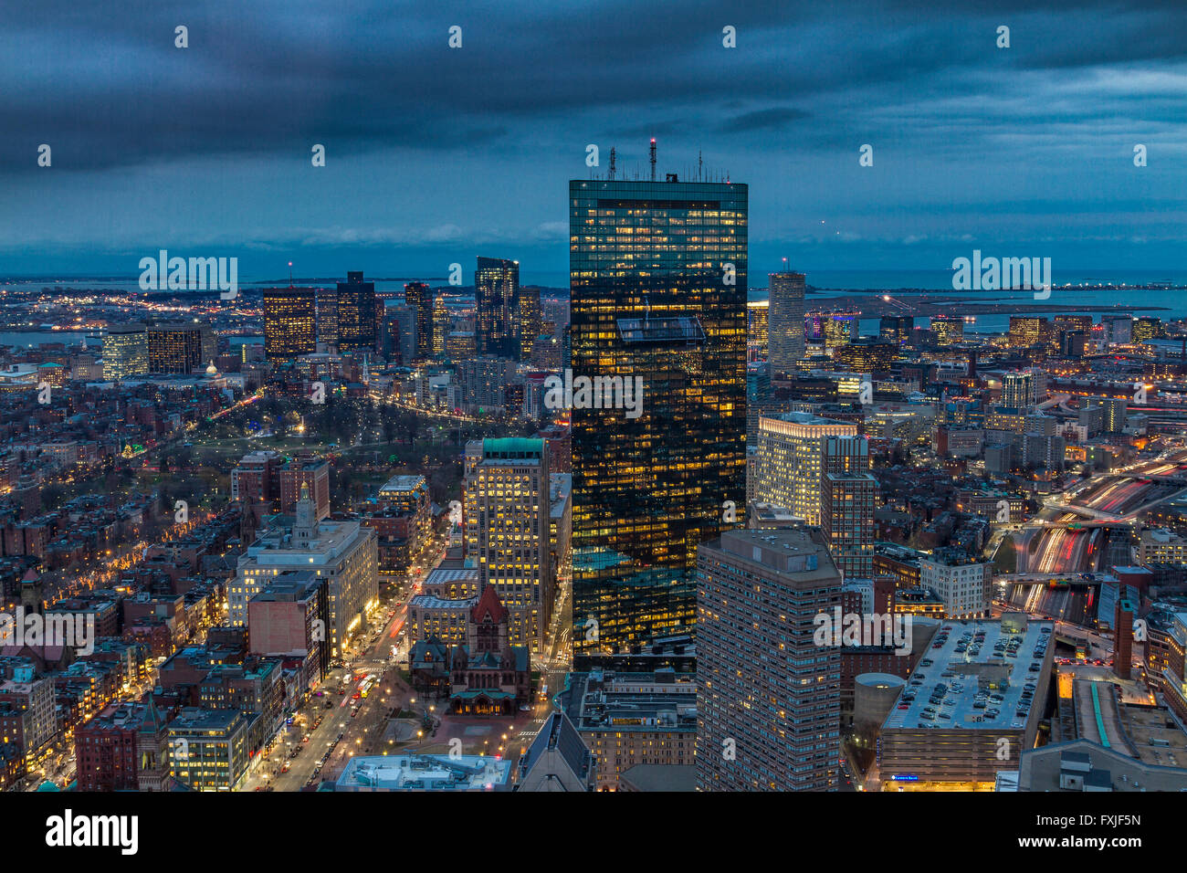 Aerial view of The City of Boston at night seen from The Prudential Tower, Boston, Massachusetts  USA Stock Photo