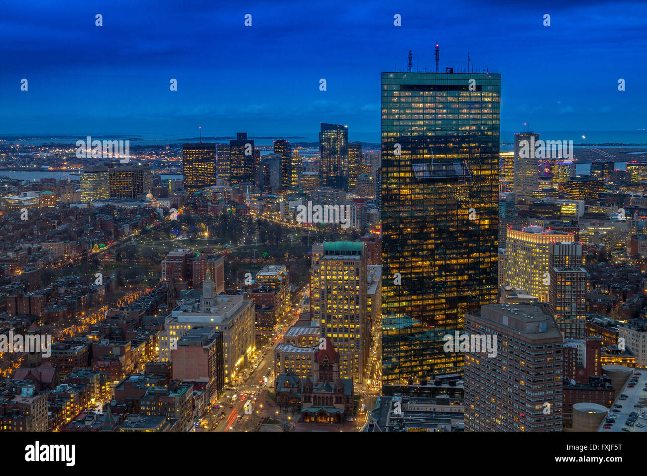 Aerial view of The City of Boston at night seen from The Prudential Tower, Boston, Massachusetts  USA Stock Photo