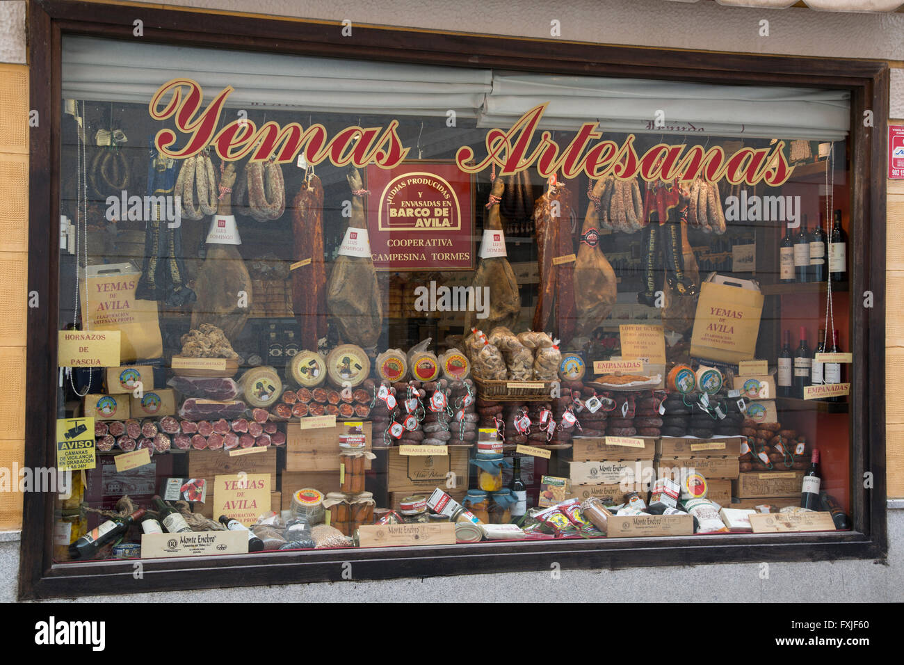 Hams and Dried Meat in Shop Window, Avila, Spain Stock Photo Alamy