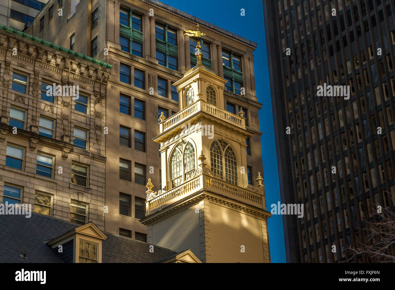 The top of the main tower of The Old State House,a historic  two story brick building in downtown Boston , USA Stock Photo
