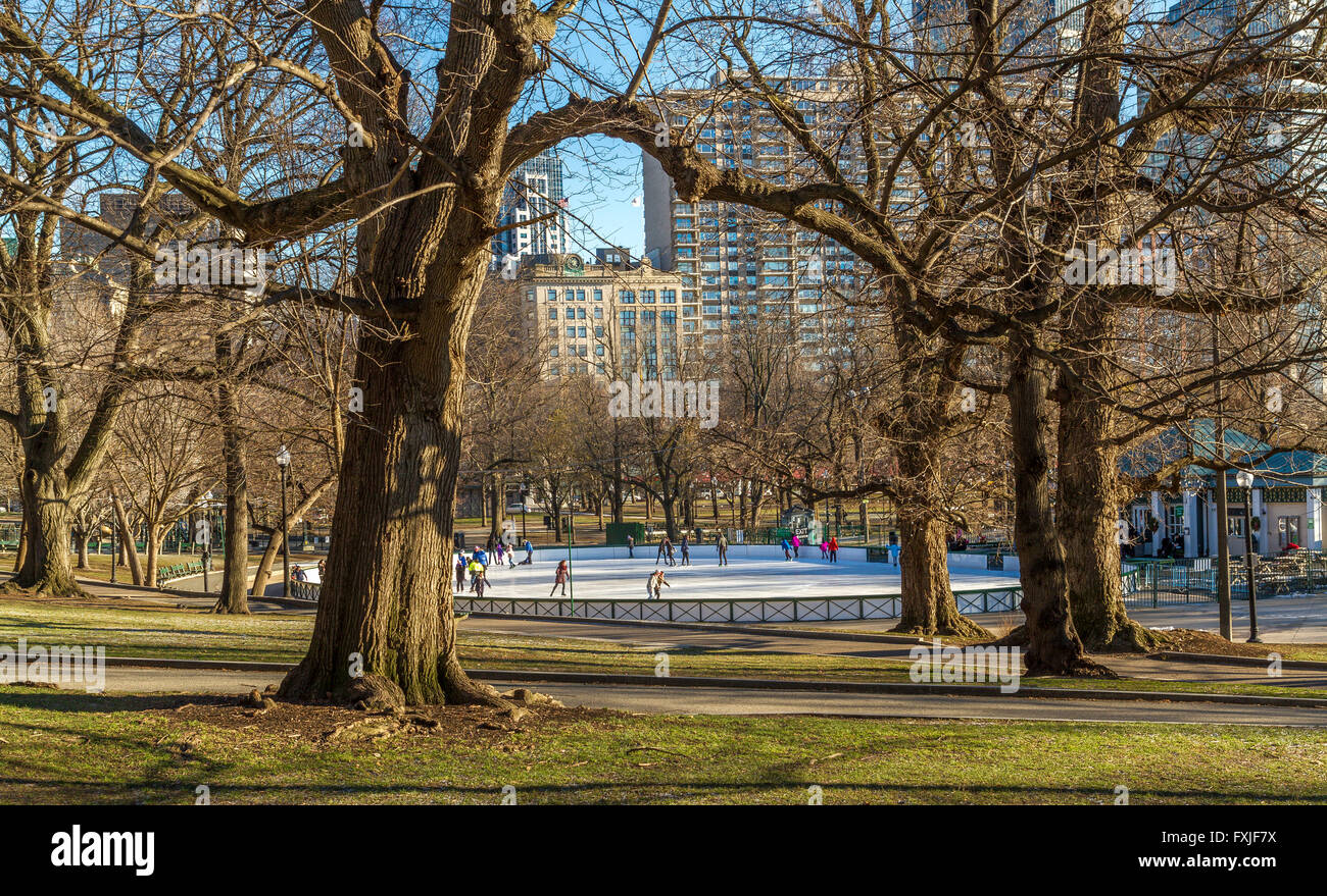 People ice Skating on an ice rink on Boston Common , Boston