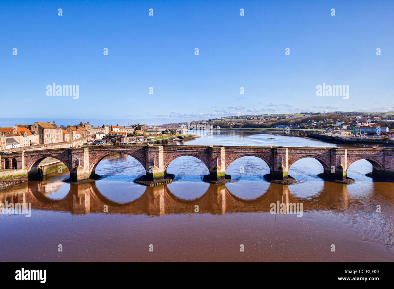 The River Tweed and Berwick Old Bridge, Berwick-upon-Tweed, Northumberland, England, UK Stock Photo