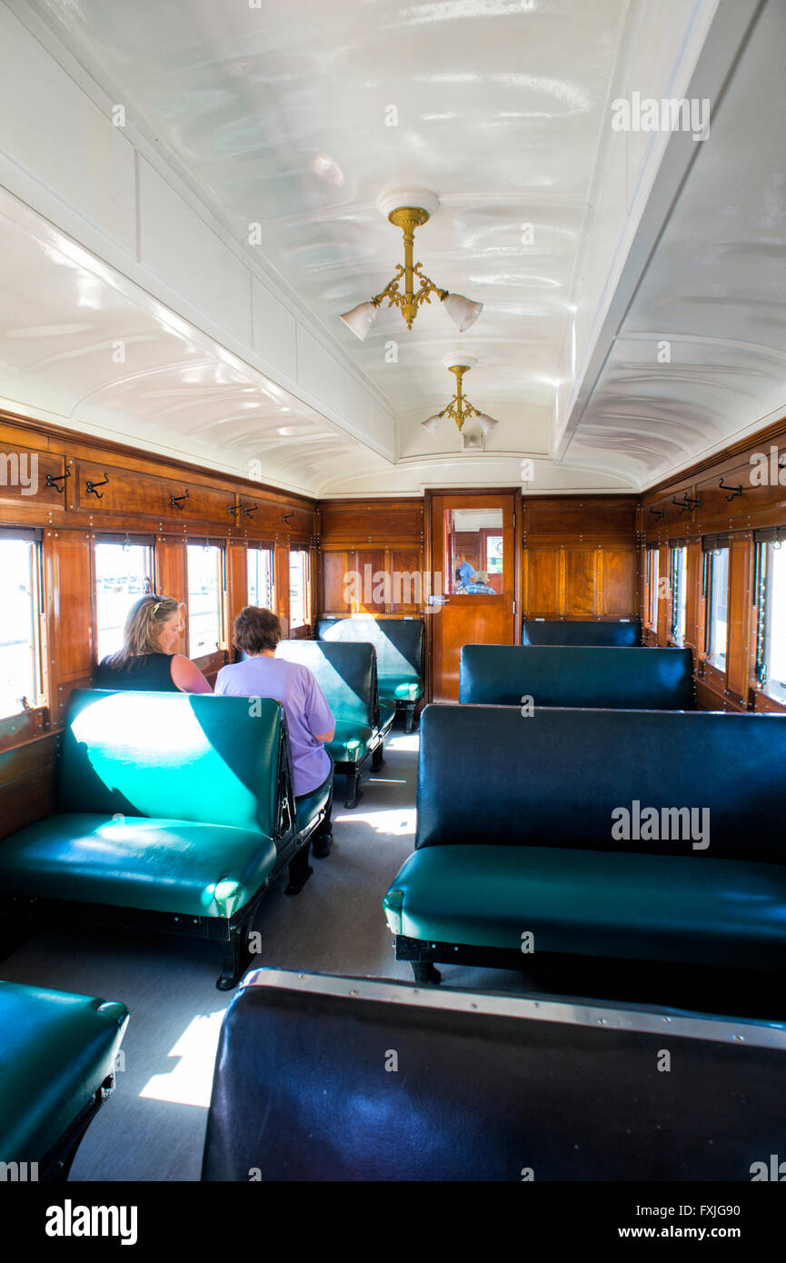 Inside a Wooden Carriage of the Cockle Train, Goolwa, South Australia Stock Photo