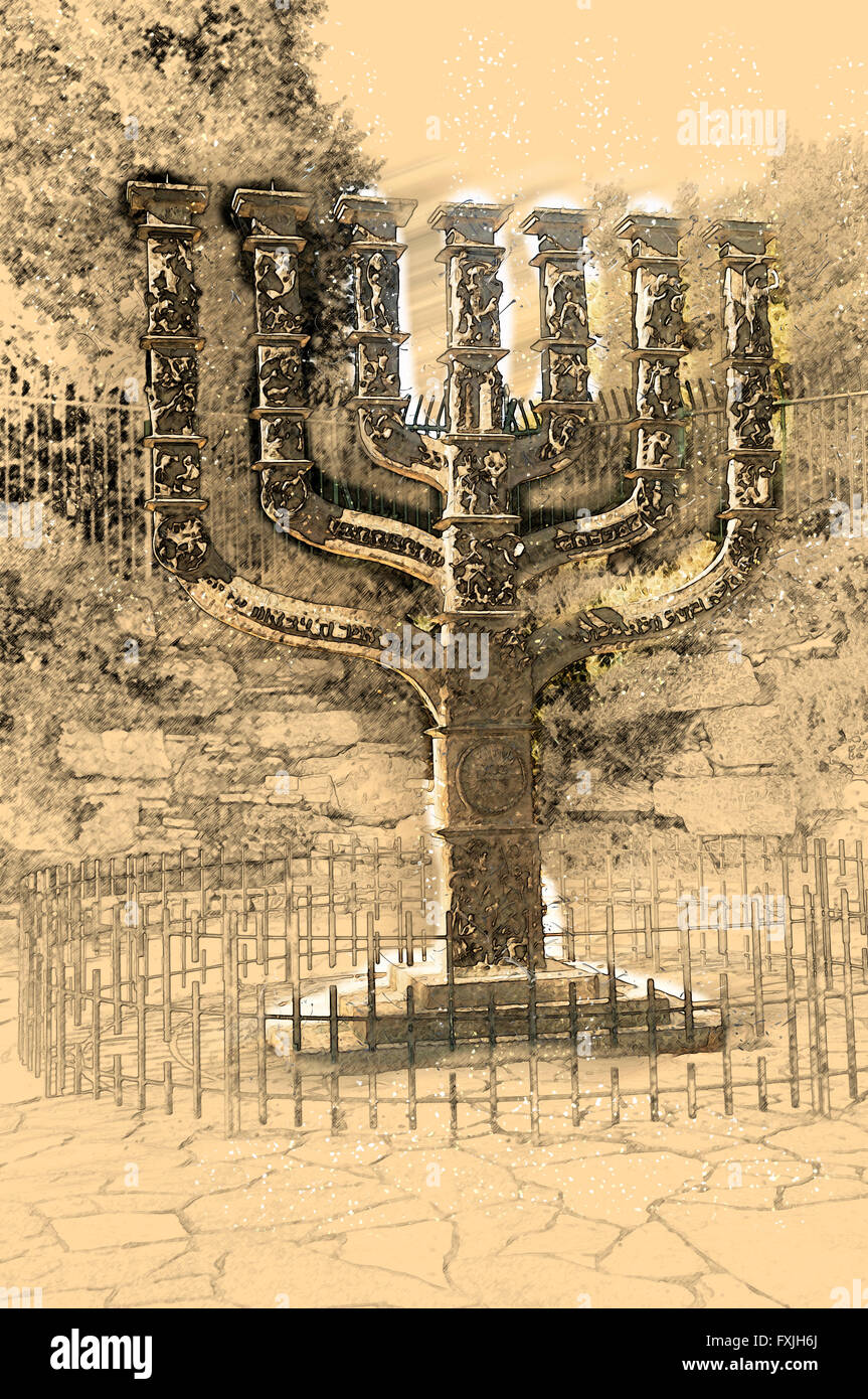 Israel, Jerusalem, A sketch of the Menorah sculpture by Benno Elkan at the entrance to the knesset, the Israeli parliament. Digi Stock Photo