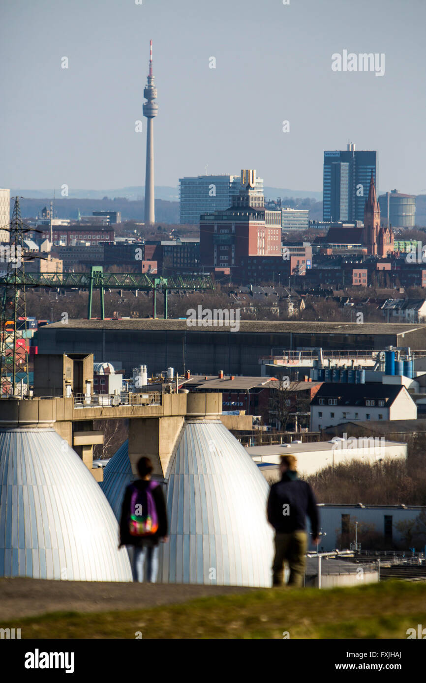 Panorama City of Dortmund, city, television tower Florian, Dortmunder U, digester tower, Emscher river sewage plant Deusen, Stock Photo