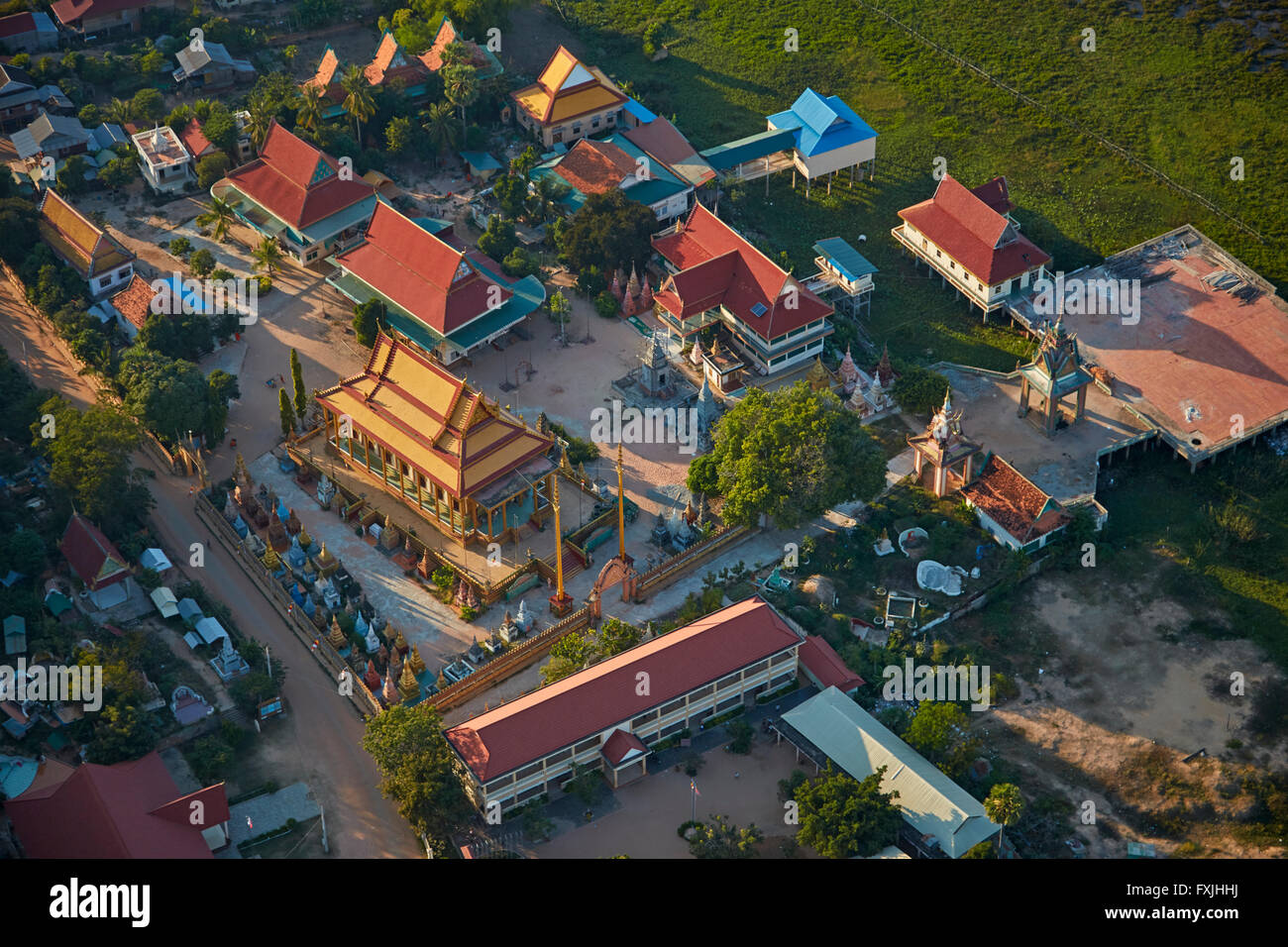 Suwon Village Community Center, Phnom Krom, near Siem Reap, Cambodia - aerial Stock Photo