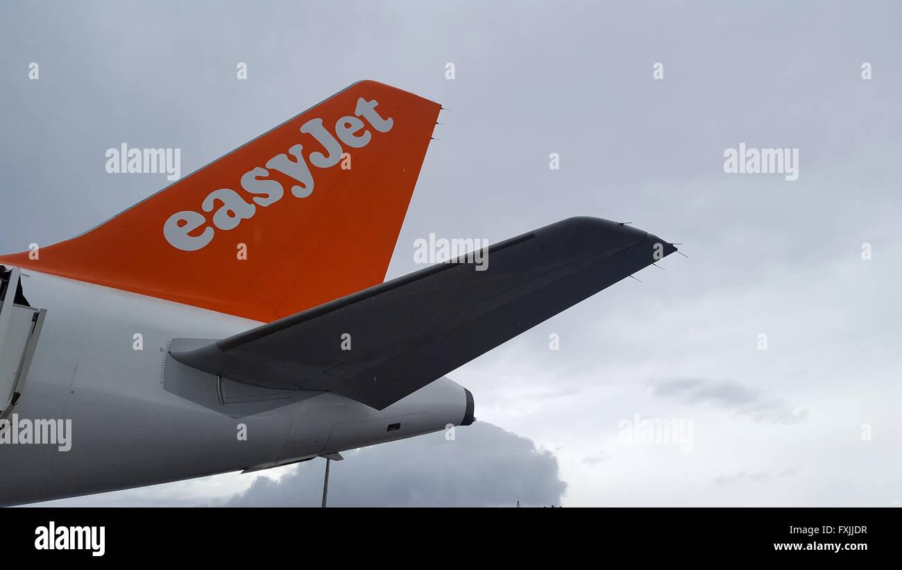 The tail of an Easyjet plane at Montpellier airport Stock Photo