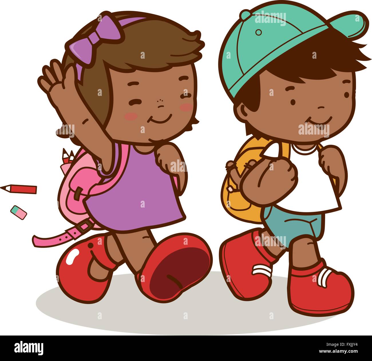 Students walking to school. A happy African American girl and boy going ...
