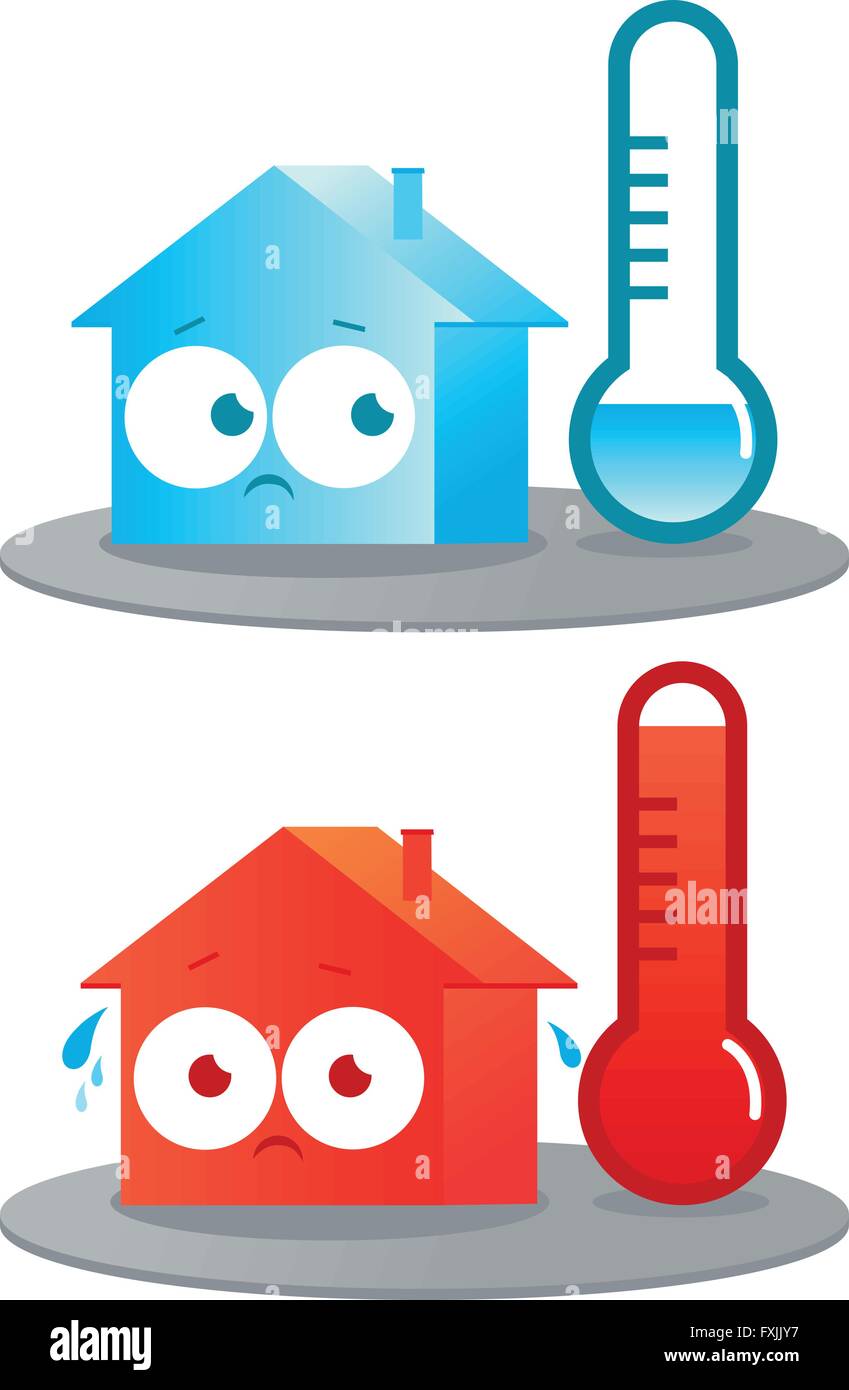 A very hot and cold cartoon house. Thermometers indicating very cold and hot temperatures. Stock Vector