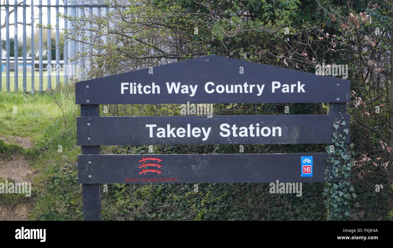 Flitch Way Country Park sign at Takeley Station, Essex, UK Stock Photo