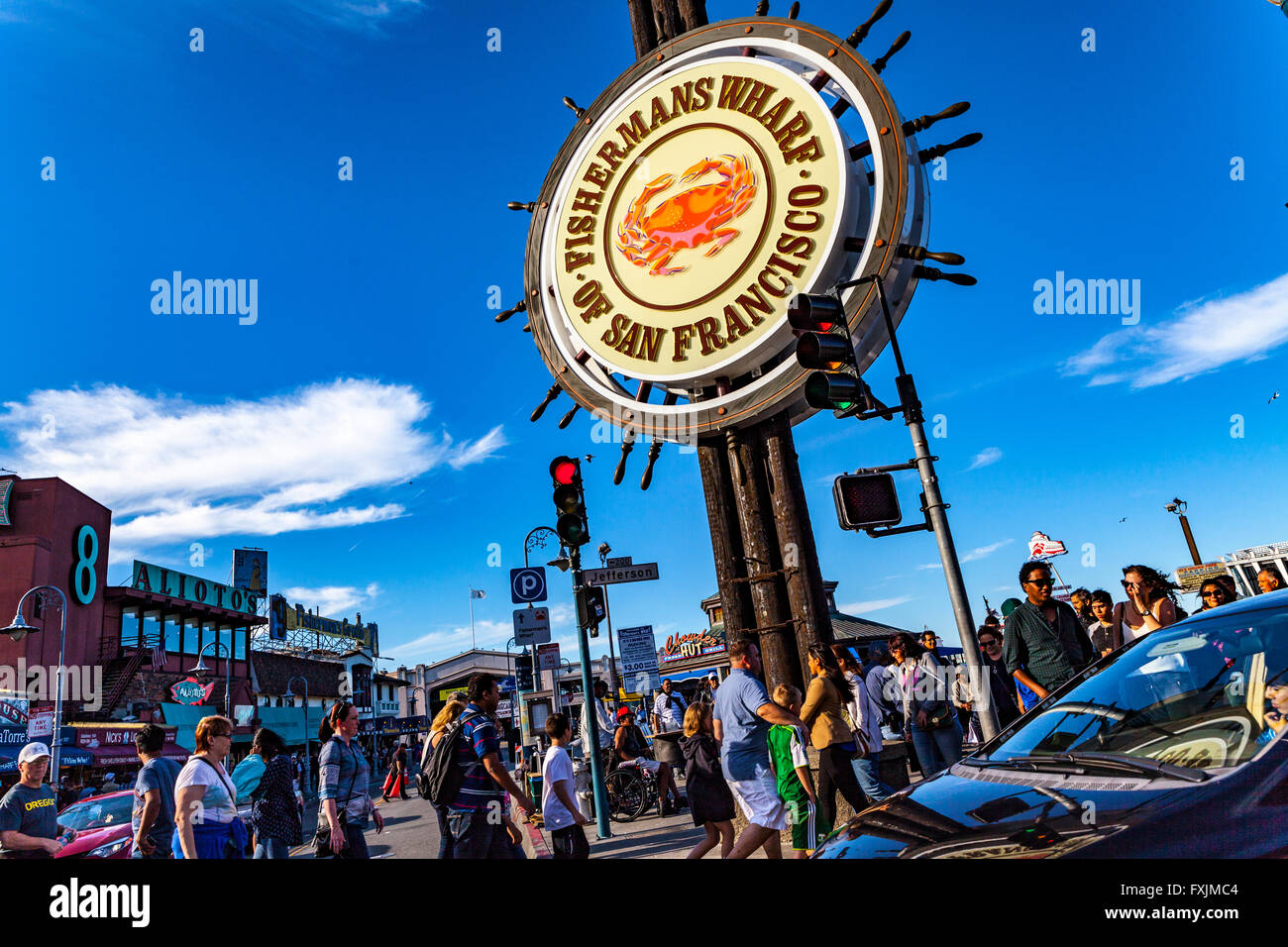 Pier 39, Fisherman's Wharf area of San Francisco with many tourists on a warm sunny Saturday afternoon in April 2016 Stock Photo