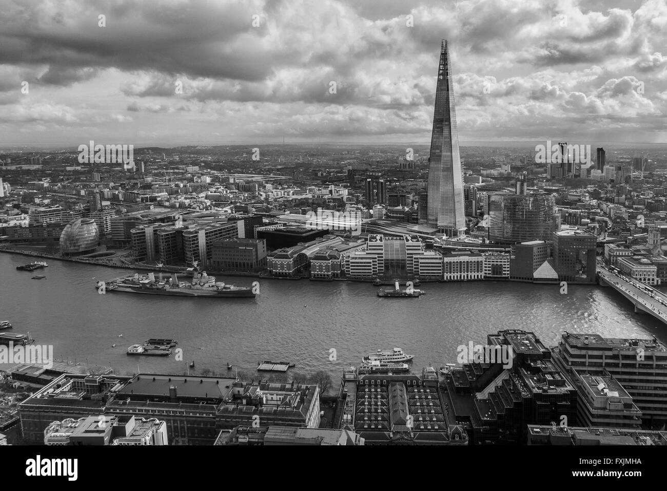 View Across the Thames to South London The Shard Southwark South Bank Monochrome Image Stock Photo