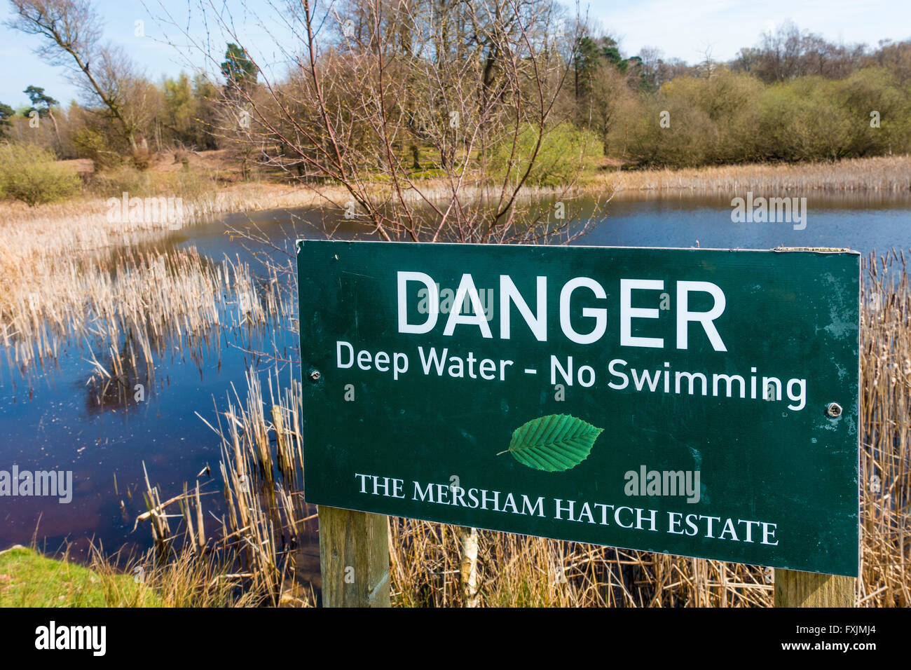 Danger No Swimming Heron Pond and Heathland Mersham Hatch Estate Ashford Kent Stock Photo